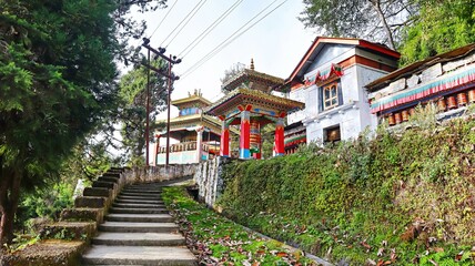 Rear staircase leading to the entrance of Tawang Monastery, offering scenic surroundings, Tawang, Arunachal Pradesh, India.