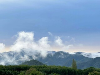Obraz premium Serene Mountain Landscape with Misty Clouds