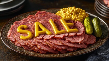 Delicious corned beef platter with mustard inscription promoting sale event
