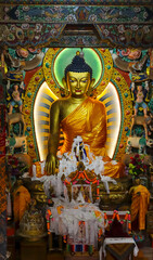 Statue of Lord Buddha inside Tawang Monastery depicting his meditative posture, Tawang, Arunachal Pradesh, India.