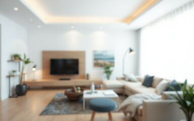 Fototapeta premium Cozy modern living room with soft lighting and large window showcasing natural light during the day