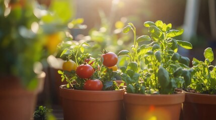 A close-up of a pot of tomatoes and basil growing in the garden.