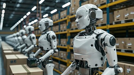 Fototapeta premium Concept of using automation and robotics to increase productivity. A group of robots work in a warehouse