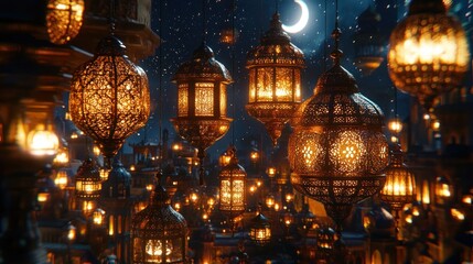 A night scene of a city with many lit lanterns and a crescent moon in the sky.