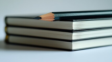 A dark green pencil resting on a stack of three closed books against a white background.