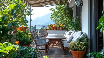 Elegant residential balcony featuring a sofa set, dining table, chairs, and flourishing plants, perfect for hosting guests or relaxing in nature