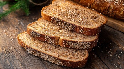 Slices of whole grain bread with sesame seeds on a rustic wooden table