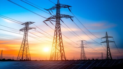 Peak energy generation from solar panels glowing with sunlight efficiently powering grids during high-demand periods ensuring stable electricity distribution and renewable energy solutions for