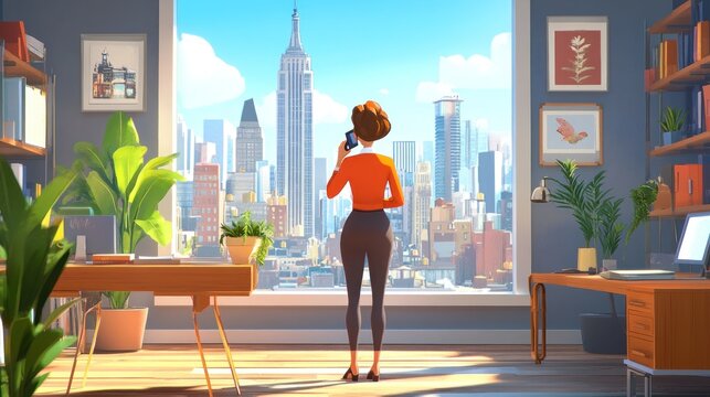 A woman stands in her office with a view of the cityscape in the distance. She is on the phone and has her back to the viewer.