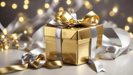 A gold and silver gift box with a large bow. Holiday lights are in the background.

