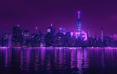 Fototapeta premium Beautiful purple night sky with city lights