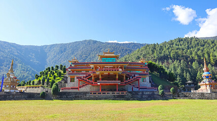 Expansive front view of Thupsung Dhargye Ling Monastery showcasing its grandeur, Dirang, West...