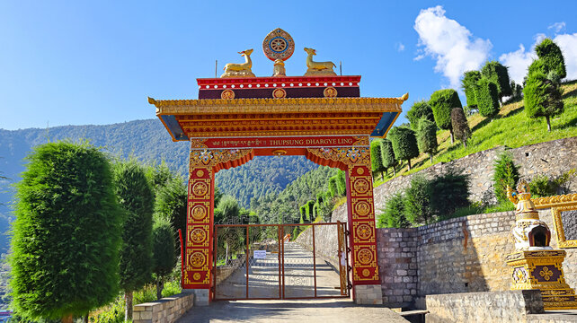 Entryway to the campus of Thupsung Dhargye Ling Monastery, welcoming visitors with its tranquil ambiance, Dirang, West Kameng, Arunachal Pradesh, India.