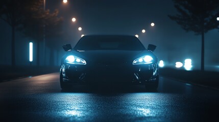 Fototapeta premium A car with its headlights on driving on a road at night. The car is silhouetted against the bright headlights.