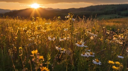 Obraz premium Sunset Illuminates Wildflowers In Mountain Meadow