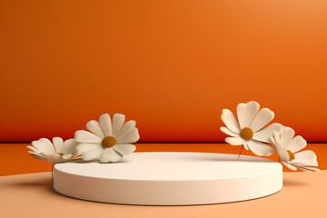 A minimalistic display featuring white flowers on a circular platform against an orange backdrop.