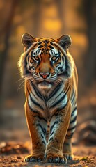 Obraz premium Majestic tiger walks through a forest at dusk showcasing its stunning coat and fierce gaze