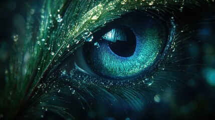 A close-up of a vibrant, detailed eye resembling a peacock's, with water droplets.