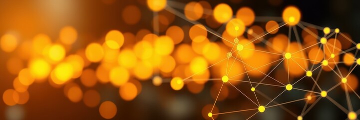 Abstract representation of interconnected nodes and bright light orbs in warm tones
