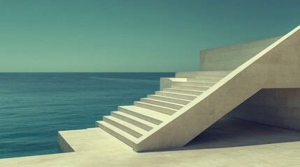 A minimalist staircase leads to the serene ocean, blending architecture with nature.