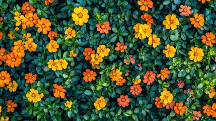 A vibrant display of orange and yellow flowers against lush green foliage.