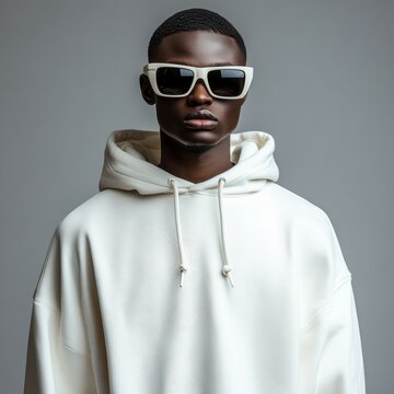 A man like zara model wearin prada sunglasses standing in front of the camera the man is wearing a white oversized hoodie
