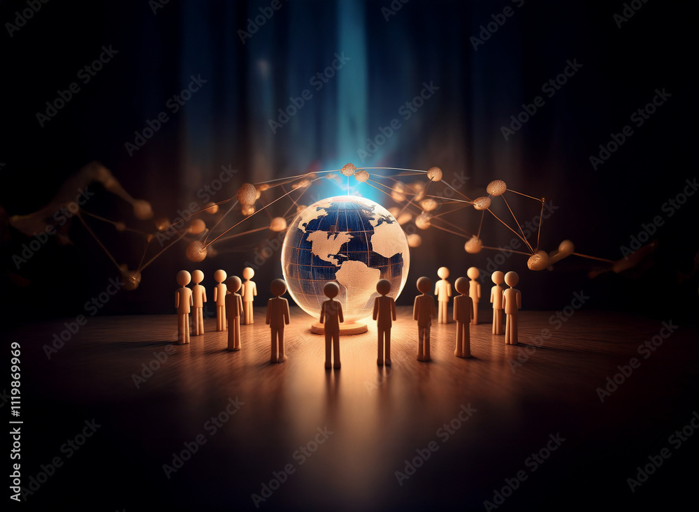 Poster A glowing globe encircled by interconnected nodes and small figures, symbolizing global connection and community.  The scene is dark, emphasizing the luminosity of the central globe.