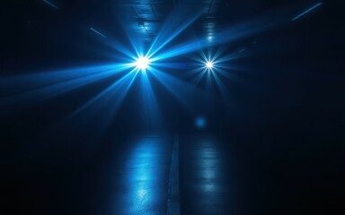 Bright blue beams illuminate a dark space during a vibrant light show at an indoor event