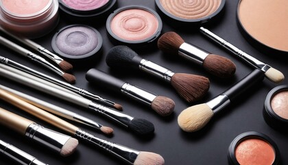 A collection of professional makeup tools and products.