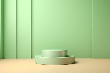 A minimalistic green backdrop with circular platforms for display or presentation purposes.