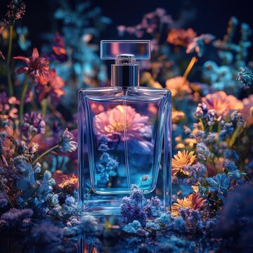  fragnance campaign, original, blue and pimk colors, some realistic flowers in the background, 