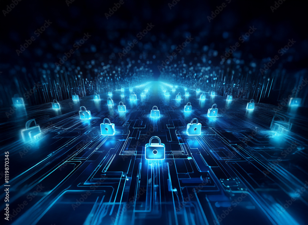 Aufkleber glowing blue padlocks converge on a dark, digital highway, symbolizing secure data flow and network 