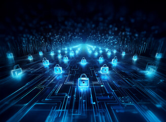 Glowing blue padlocks converge on a dark, digital highway, symbolizing secure data flow and network protection.  A futuristic depiction of cybersecurity.