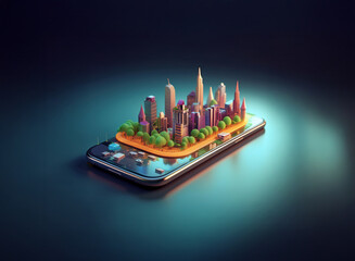 A miniature city, vibrant and detailed, sits atop a sleek smartphone, symbolizing the interconnected world and urban landscapes accessed through mobile technology.  The low-poly style adds a modern ae