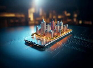 A miniature city rests on a sleek smartphone, illuminated, showcasing technological advancement and urban planning in a futuristic setting.