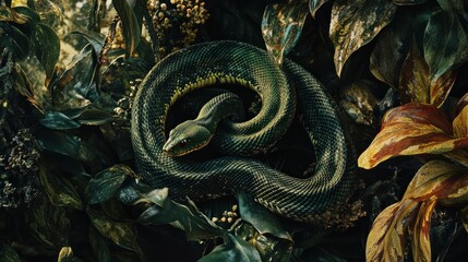 Obraz premium A green snake coiled among vibrant foliage in a lush environment.