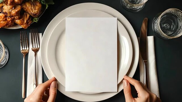 Table setting with blank menu card on a plate, surrounded by cutlery and glasses, ready for a dining experience.