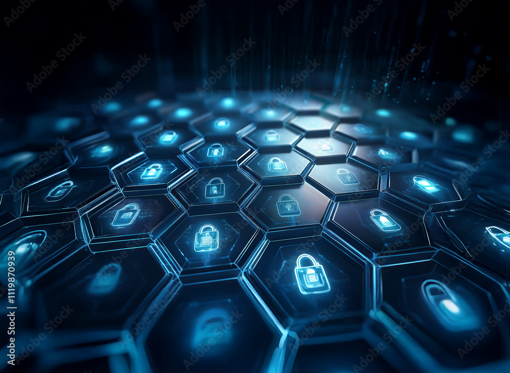 Aufkleber Abstract digital illustration of a hexagonal grid, each cell containing a glowing blue padlock icon, representing cybersecurity and data protection.  The image evokes a sense of security and technolog