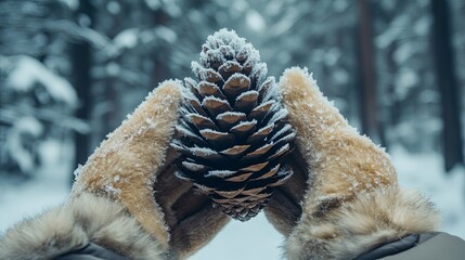 Obraz premium POV shot of hands in fur-lined gloves holding a pinecone picture