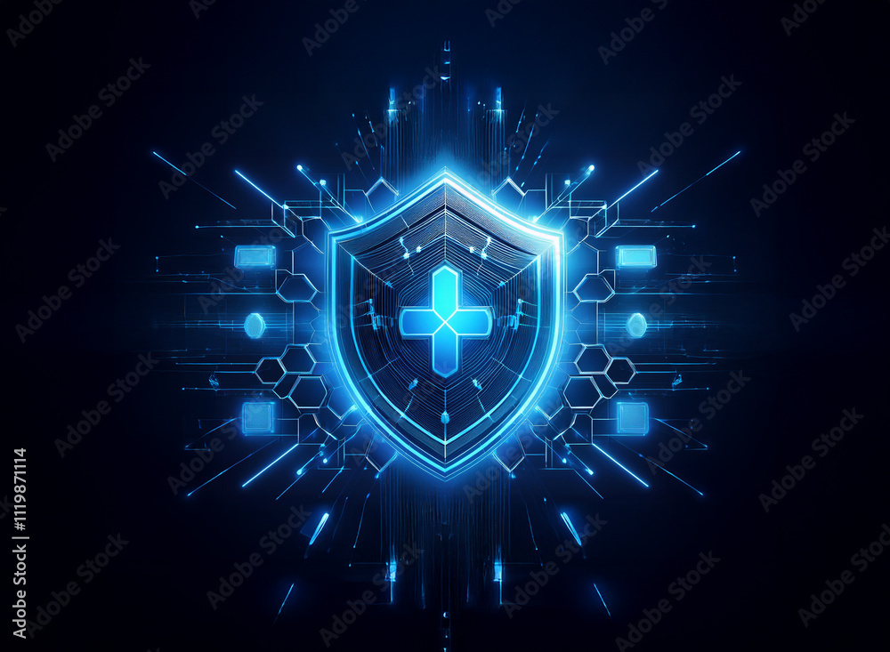 Aufkleber a glowing blue digital shield, embedded with a plus sign, symbolizes cybersecurity and digital healt