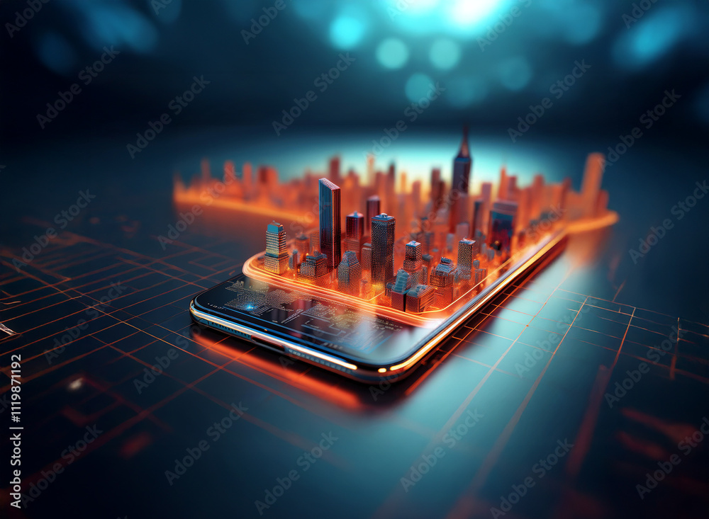 Aufkleber A futuristic cityscape emerges from a smartphone, showcasing the convergence of technology and urban life.  The glowing orange lines highlight the connection between the digital and physical worlds.