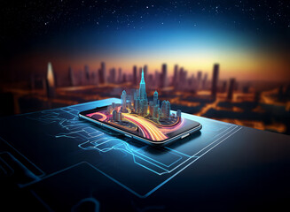 A futuristic cityscape miniature sits atop a smartphone, symbolizing digital urban planning and smart city technology.  The background shows a sprawling metropolis at sunset.