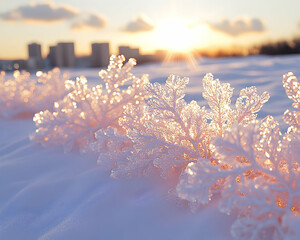 Frost-covered plants at sunset, city skyline in background.