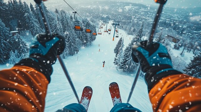 POV shot of hands in ski gloves holding ski poles, picture