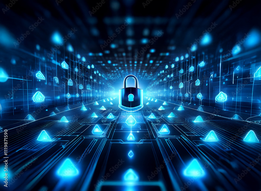 Aufkleber A glowing blue digital tunnel, filled with data points and security symbols, centers on a prominent padlock.  This symbolizes the protection of digital information and secure data networks.