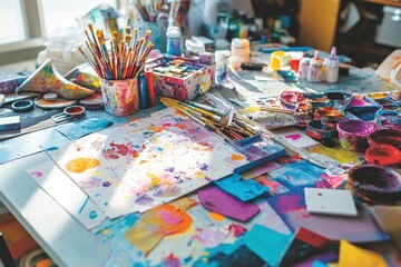 Fototapeta premium A vibrant artist's workspace filled with colorful paints, brushes, and creative materials.