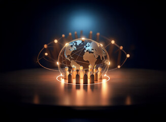 A glowing Earth encircled by interconnected figures symbolizes global communication and networking.  The scene is dark, emphasizing the digital connections.