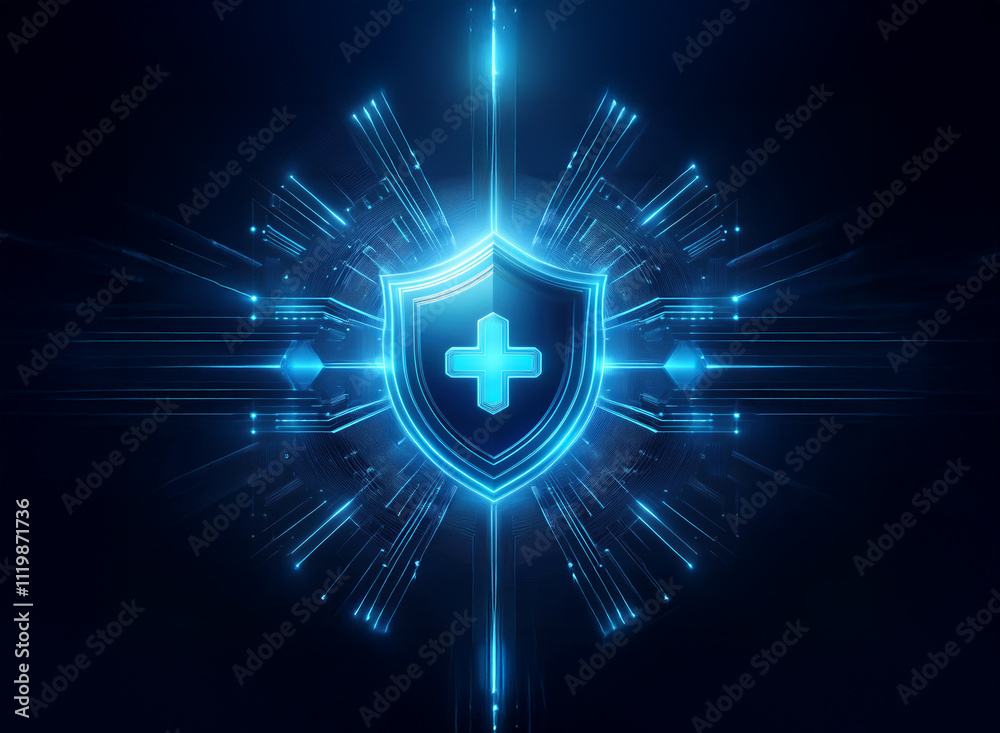 Aufkleber a glowing blue shield with a cross at its center, digitally rendered, symbolizes cybersecurity and d