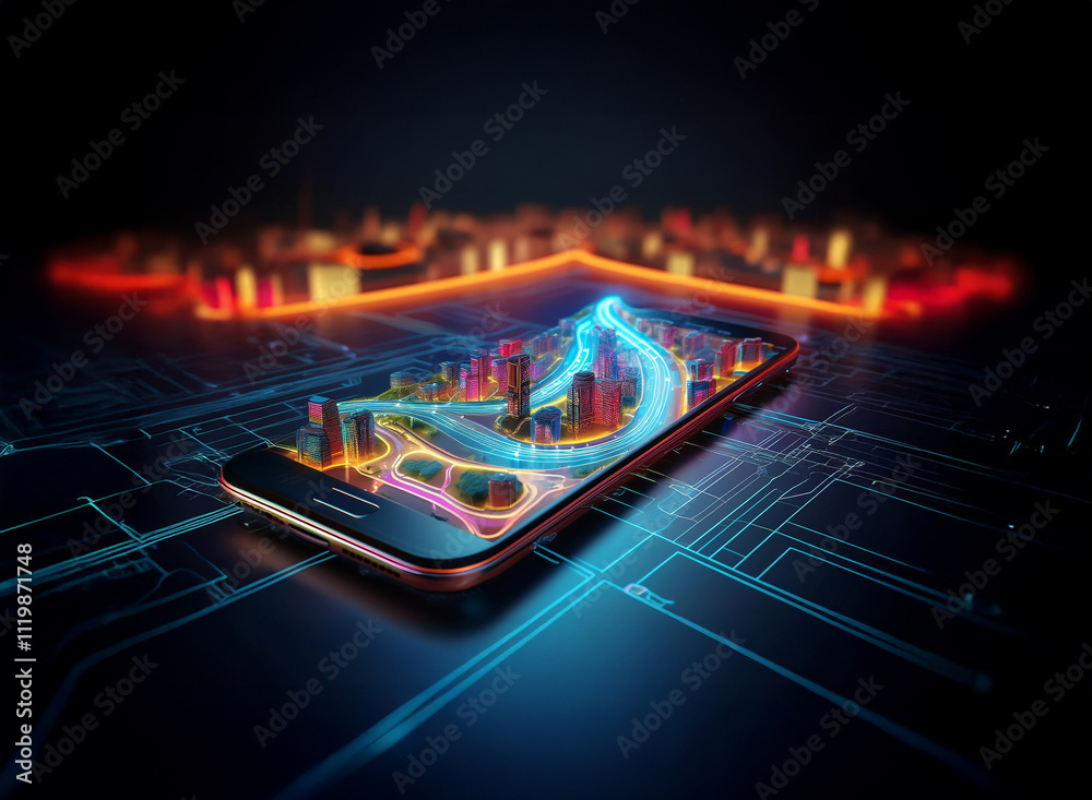 Aufkleber a futuristic city map displayed on a smartphone, glowing with vibrant neon lights, rests on a circui