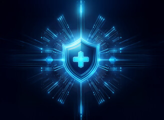 A glowing blue shield with a cross at its center, digitally rendered, symbolizes cybersecurity and digital health protection within a futuristic technological framework.